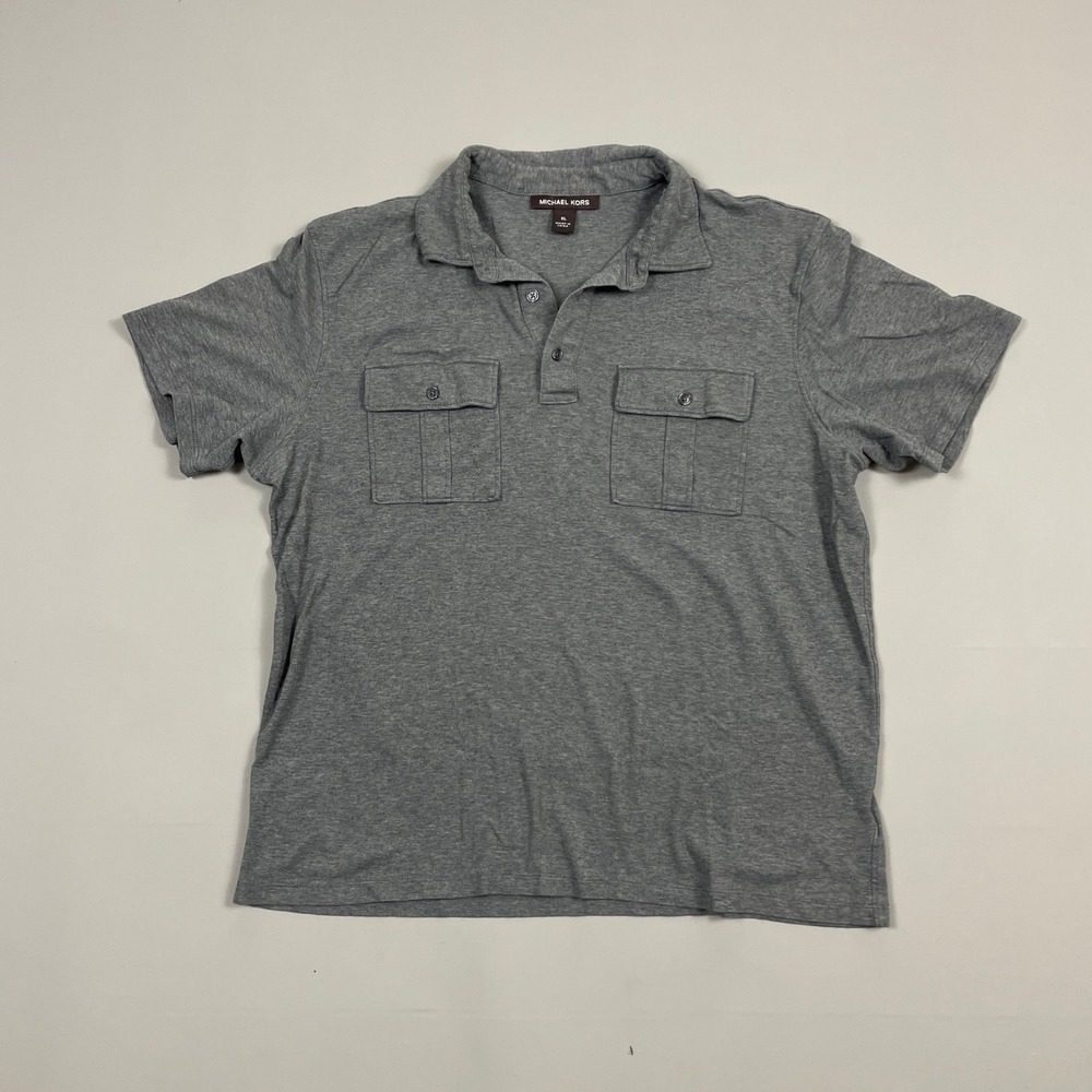 Michael Kors Mens XL Gray Short Sleeve Polo Shirt Double Chest Pockets Casual